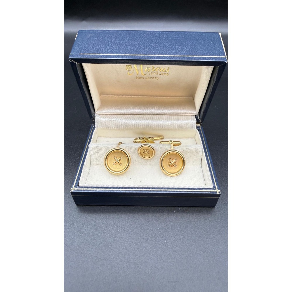 Vintage 12K Gold Filled Cufflinks Tie Tack Set Marcus Jewelers Boxed